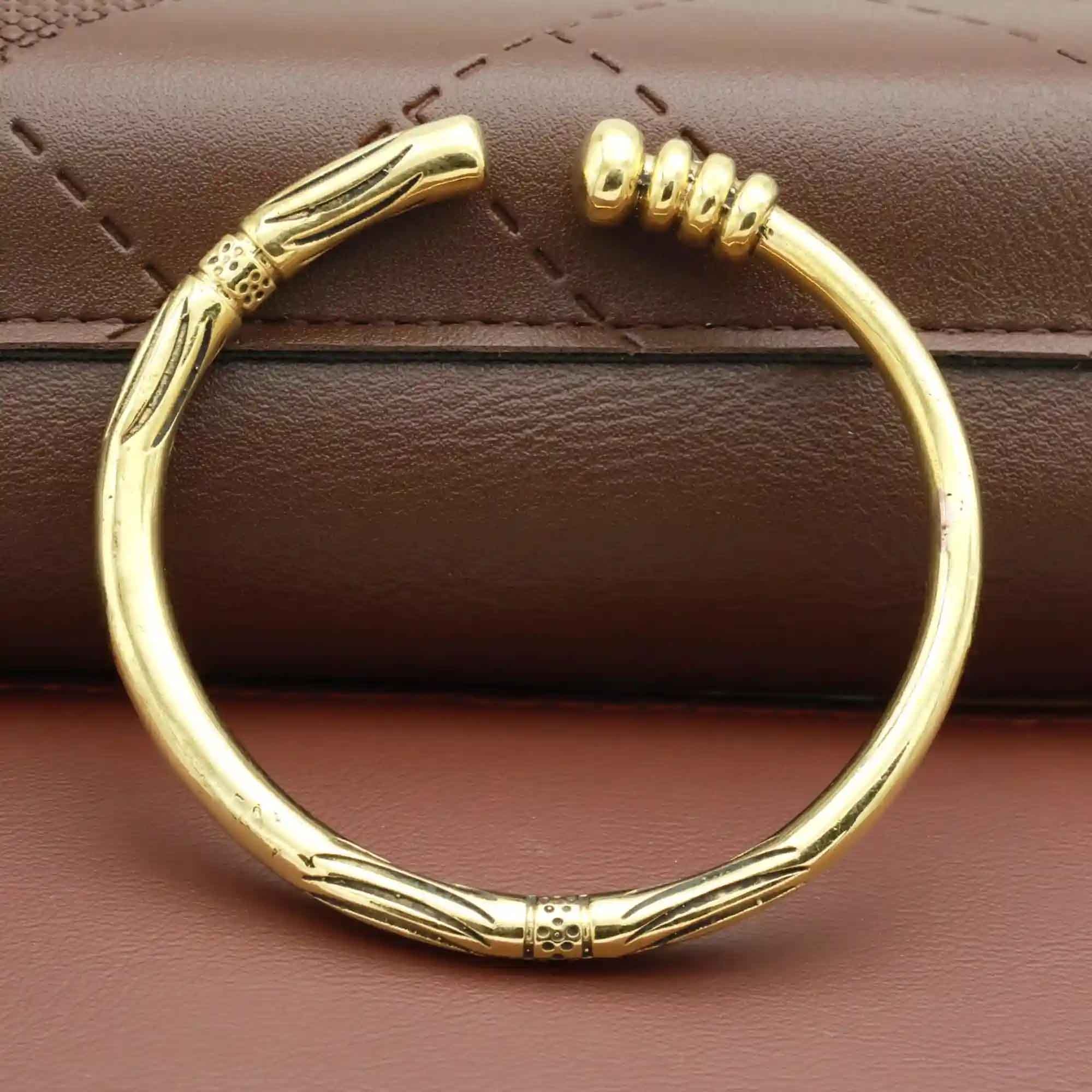 Designer Brass Kada – Unisex Beaded & Engraved Open Bangle